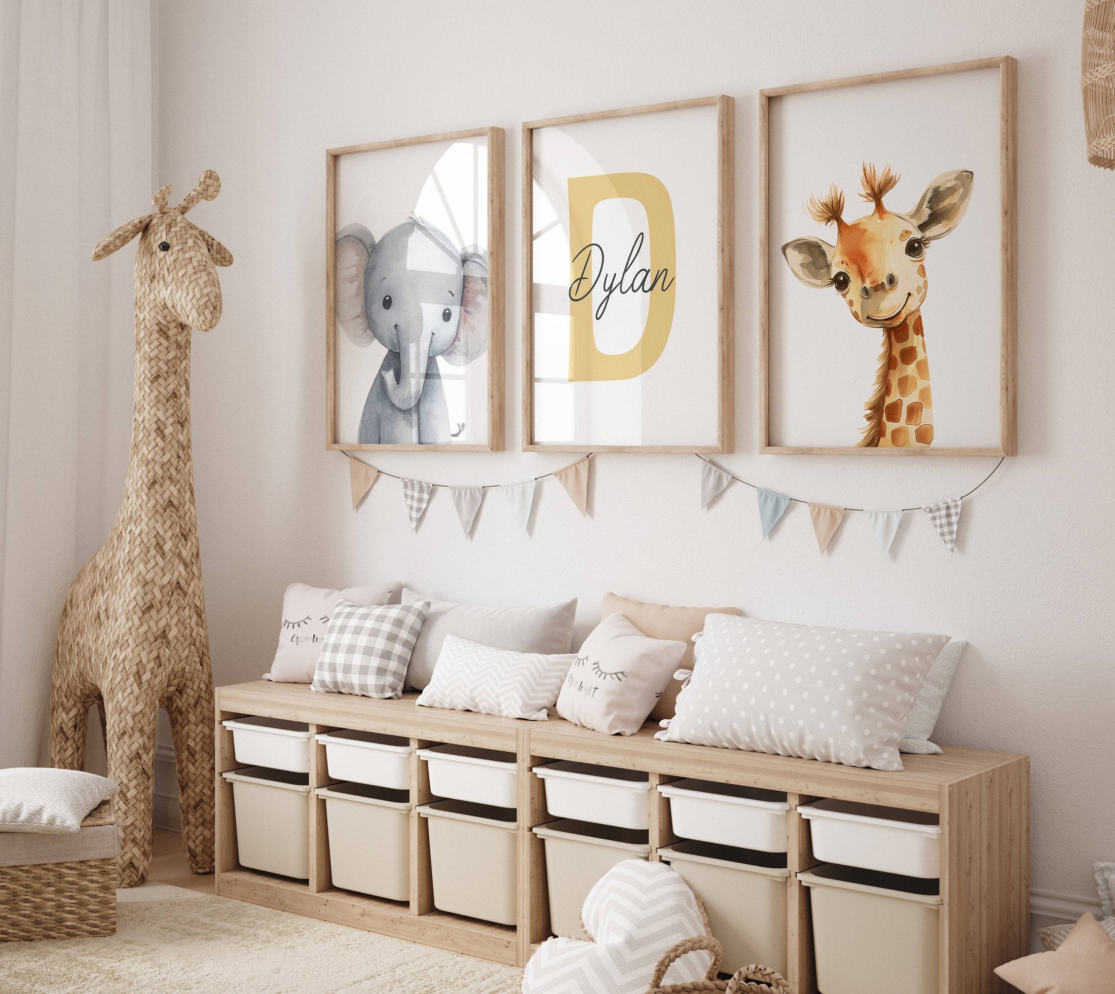 Personalised Child's Name Safari Animal Wall Art | Plain Background | Set of 3 Nursery Prints - RoseRowanDesign