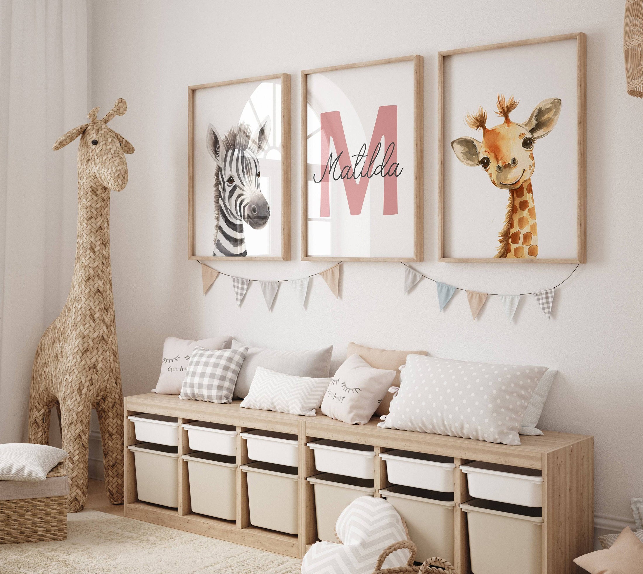 Personalised Child's Name Safari Animal Wall Art | Plain Background | Set of 3 Nursery Prints - RoseRowanDesign