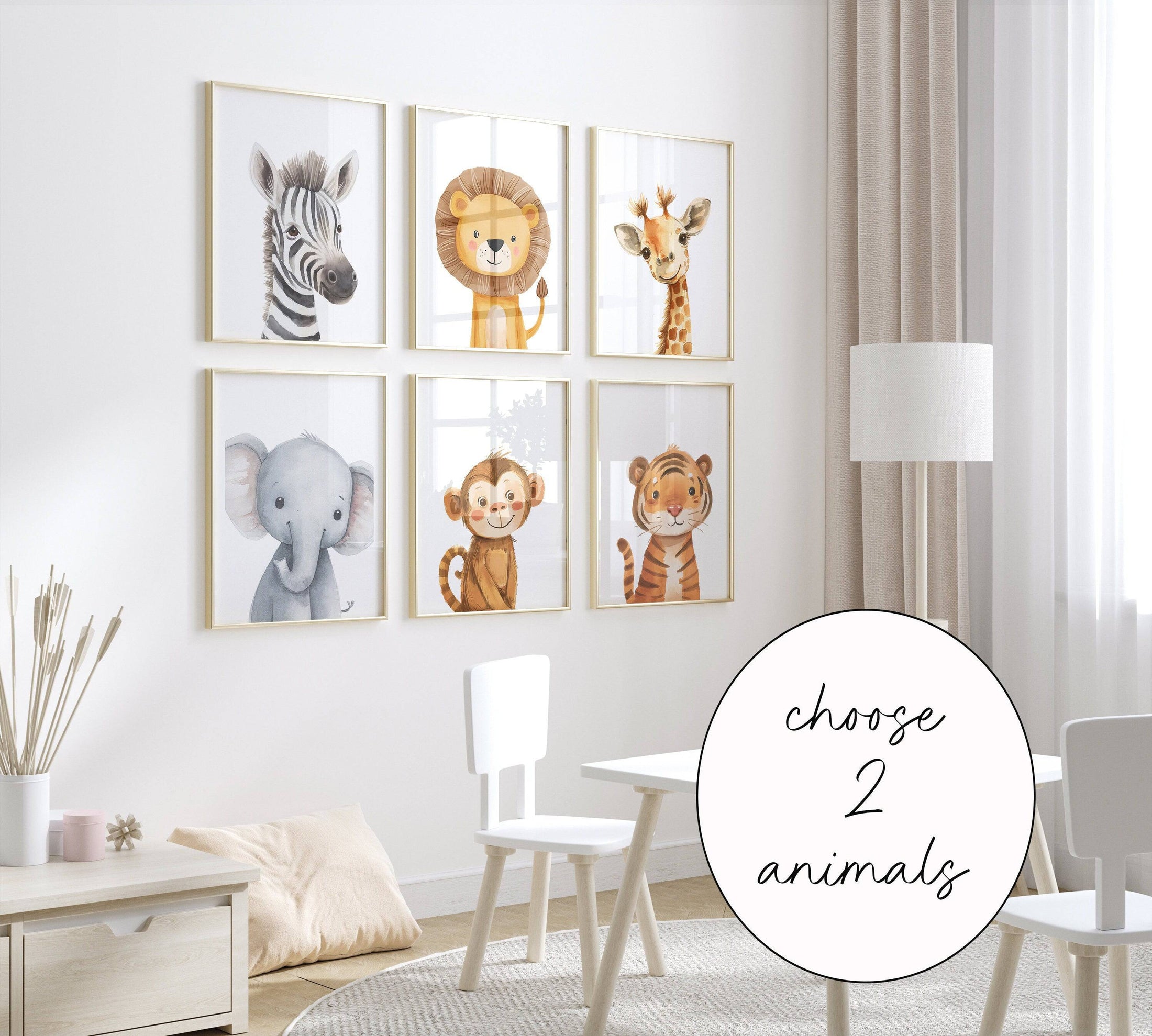 Personalised Child's Name Safari Animal Wall Art | Plain Background | Set of 3 Nursery Prints - RoseRowanDesign