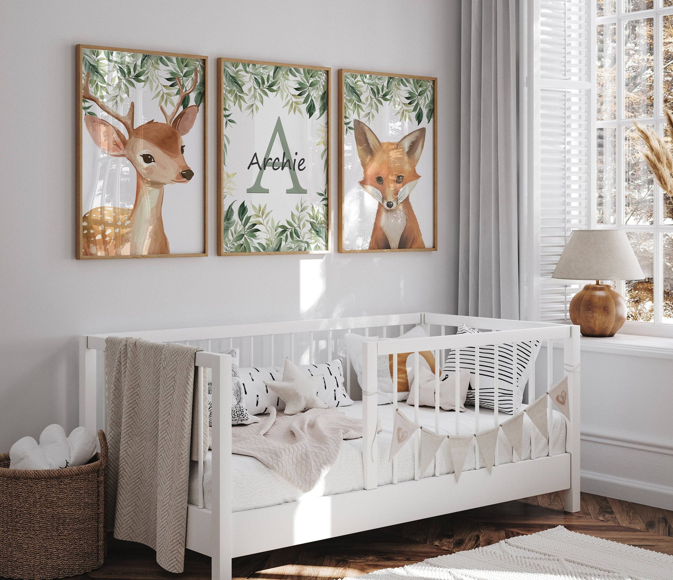 Personalised Child's Name Woodland Animal Wall Art | Leaves Background | Set of 3 Nursery Prints - RoseRowanDesign