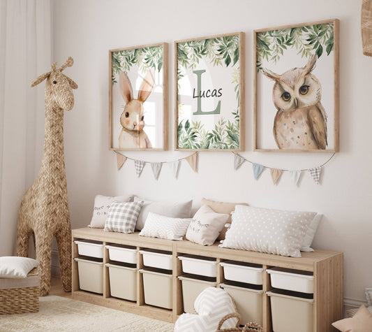 Personalised Child's Name Woodland Animal Wall Art | Leaves Background | Set of 3 Nursery Prints - RoseRowanDesign