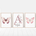 Load image into Gallery viewer, Personalised Pink Butterflies | Set of 3 Nursery Wall Art | Girls' Room Decor - RoseRowanDesign
