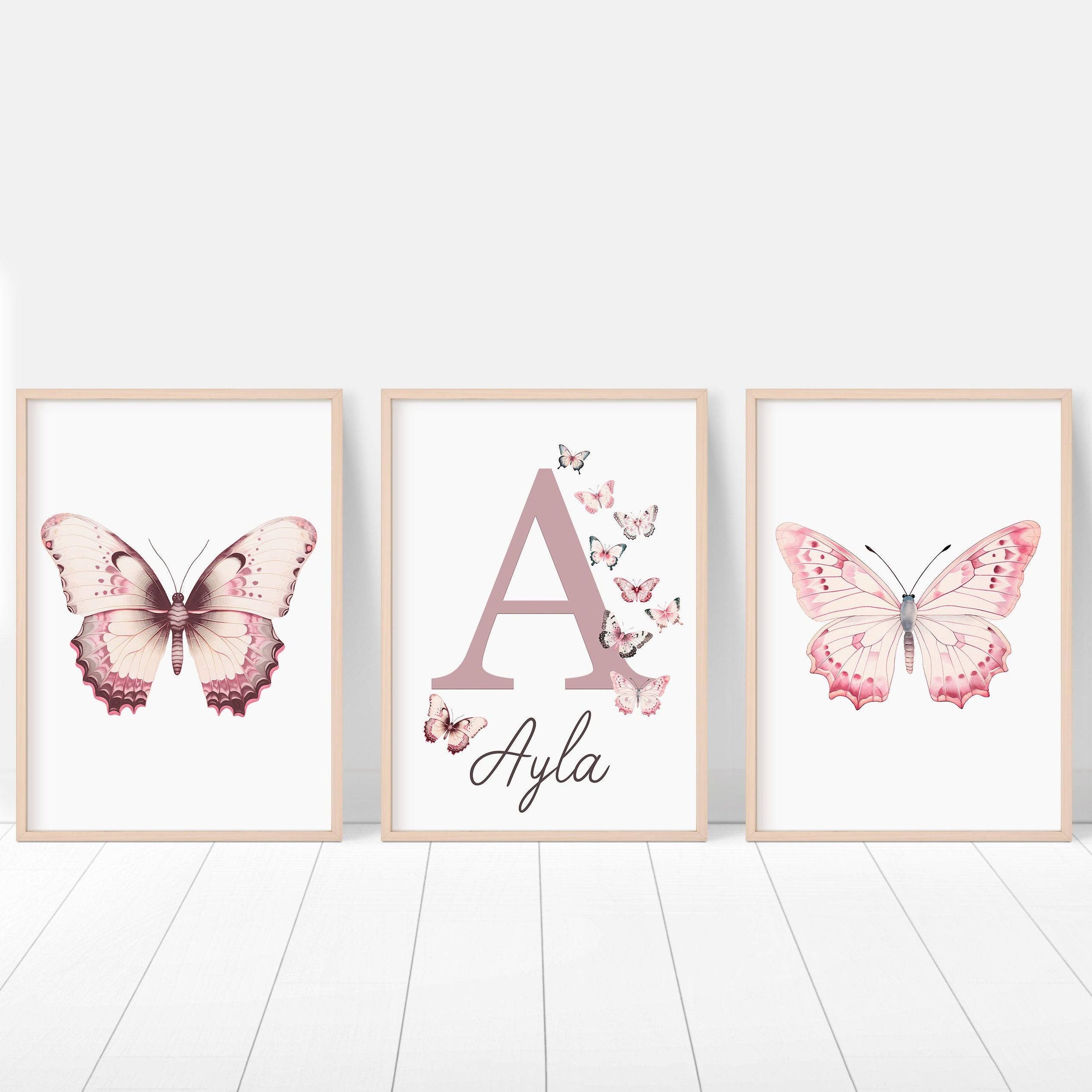 Personalised Pink Butterflies | Set of 3 Nursery Wall Art | Girls' Room Decor - RoseRowanDesign
