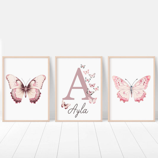 Personalised Pink Butterflies | Set of 3 Nursery Wall Art | Girls' Room Decor - RoseRowanDesign