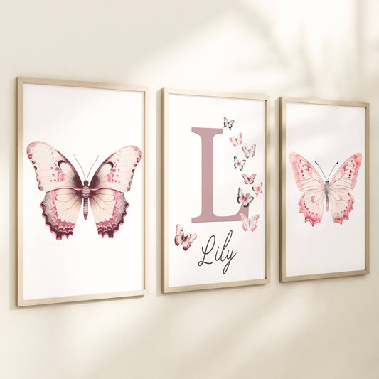 Personalised Pink Butterflies | Set of 3 Nursery Wall Art | Girls' Room Decor - RoseRowanDesign