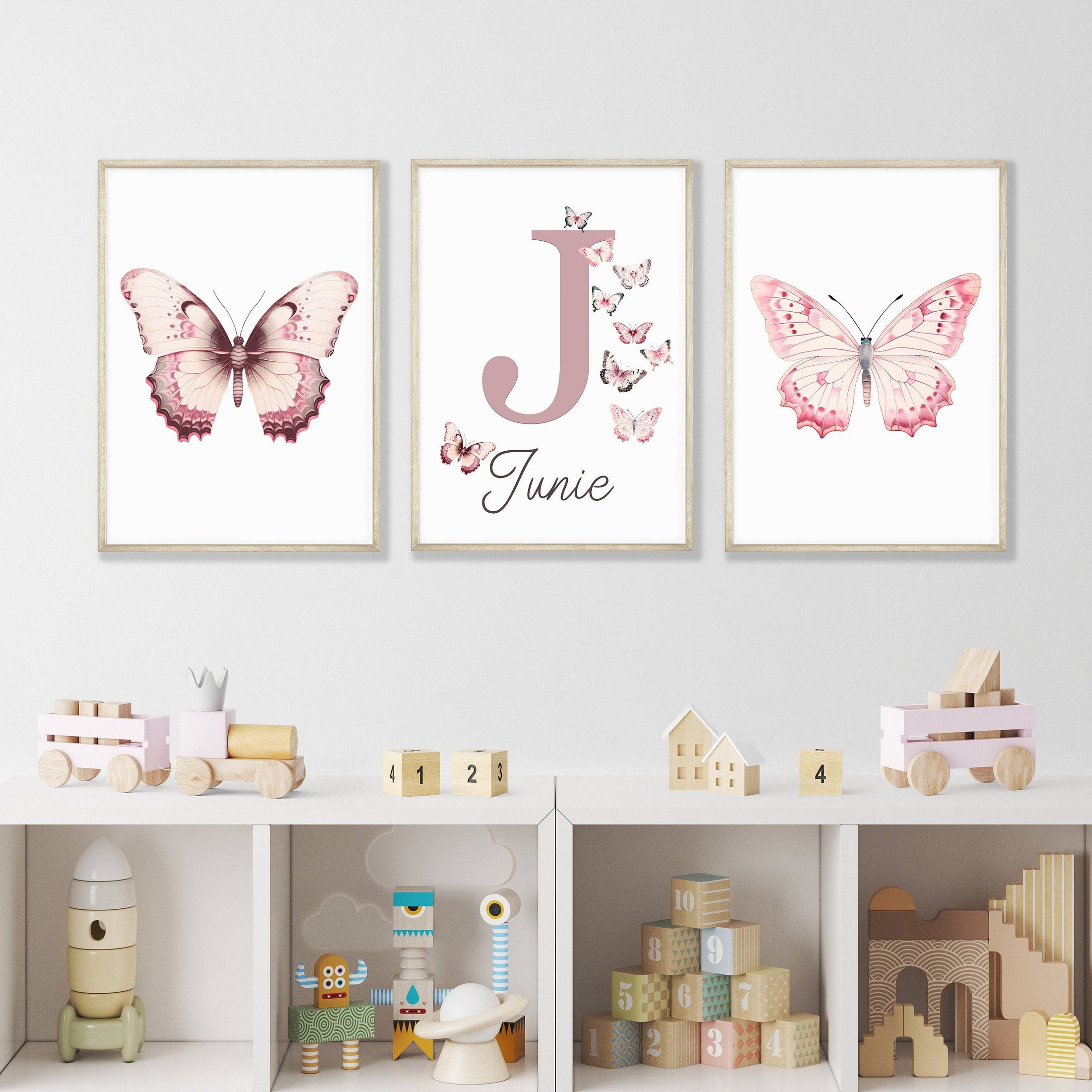 Personalised Pink Butterflies | Set of 3 Nursery Wall Art | Girls' Room Decor - RoseRowanDesign