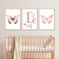 Load image into Gallery viewer, Personalised Pink Butterflies | Set of 3 Nursery Wall Art | Girls' Room Decor - RoseRowanDesign
