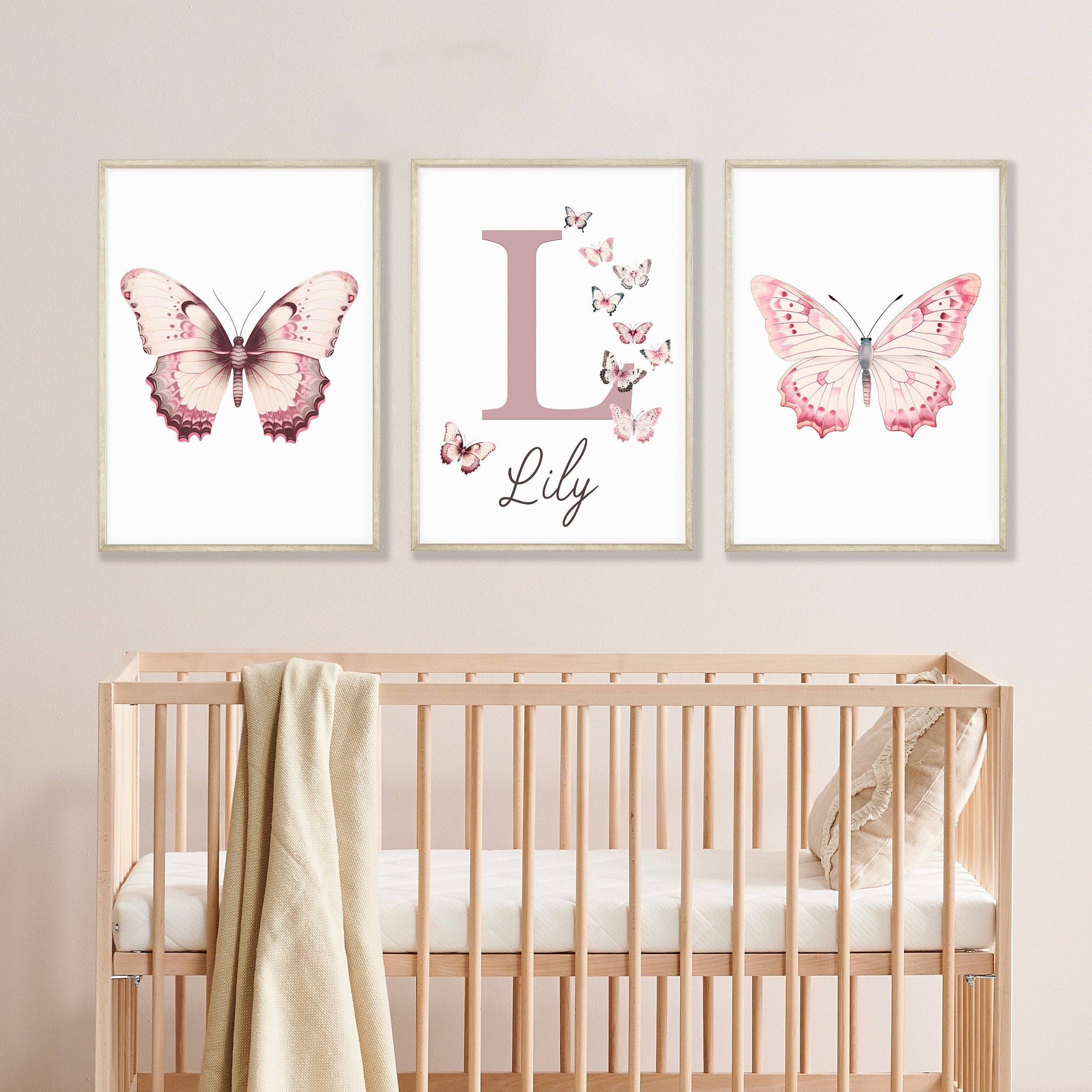 Personalised Pink Butterflies | Set of 3 Nursery Wall Art | Girls' Room Decor - RoseRowanDesign