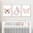 Load image into Gallery viewer, Personalised Pink Butterflies | Set of 3 Nursery Wall Art | Girls' Room Decor - RoseRowanDesign
