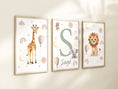 Load image into Gallery viewer, Personalised Safari Animal Prints | Set of 3 Boho Nursery Wall Art for Baby’s Room - RoseRowanDesign
