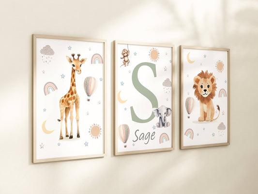 Personalised Safari Animal Prints | Set of 3 Boho Nursery Wall Art for Baby’s Room - RoseRowanDesign