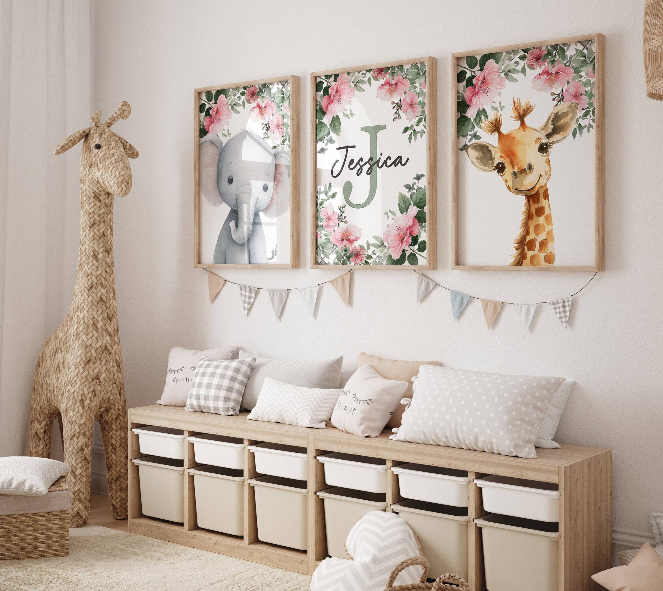 Personalised Safari Animal Prints | Set of 3 for Pink Baby Girls' Bedroom | Custom Initial & Jungle Animals - RoseRowanDesign