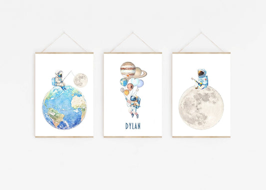 Personalised Space Nursery Prints | Set of 3 Solar System Wall Art for Boys' Bedroom - RoseRowanDesign