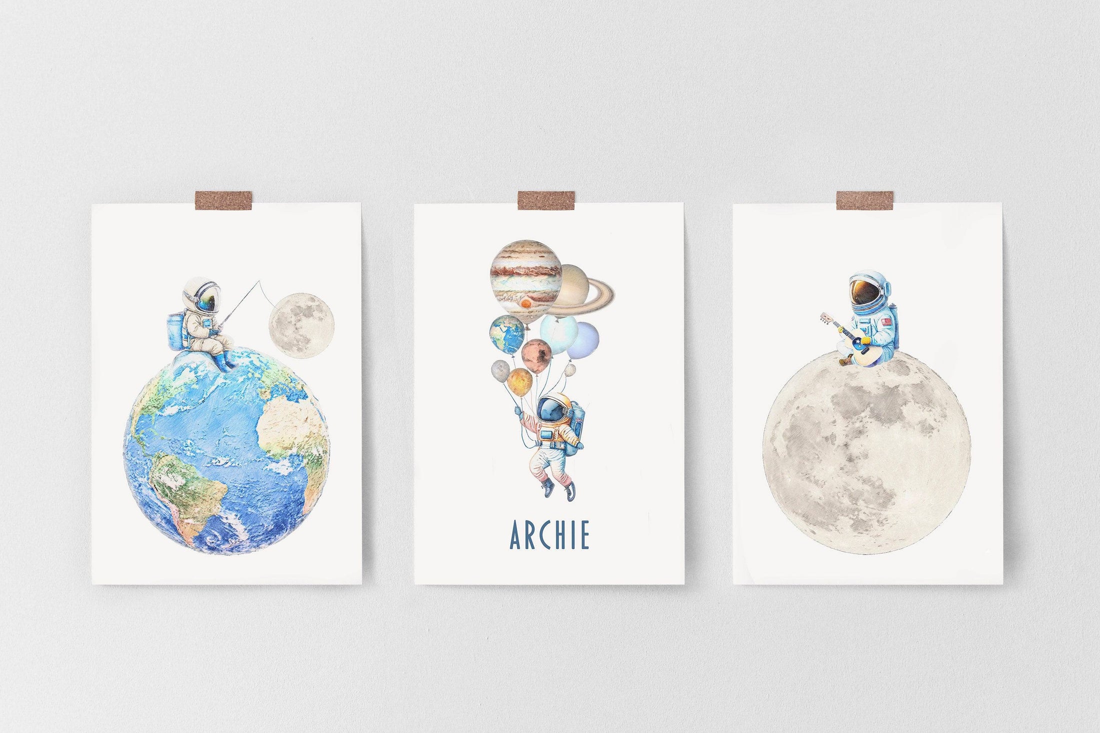 Personalised Space Nursery Prints | Set of 3 Solar System Wall Art for Boys' Bedroom - RoseRowanDesign