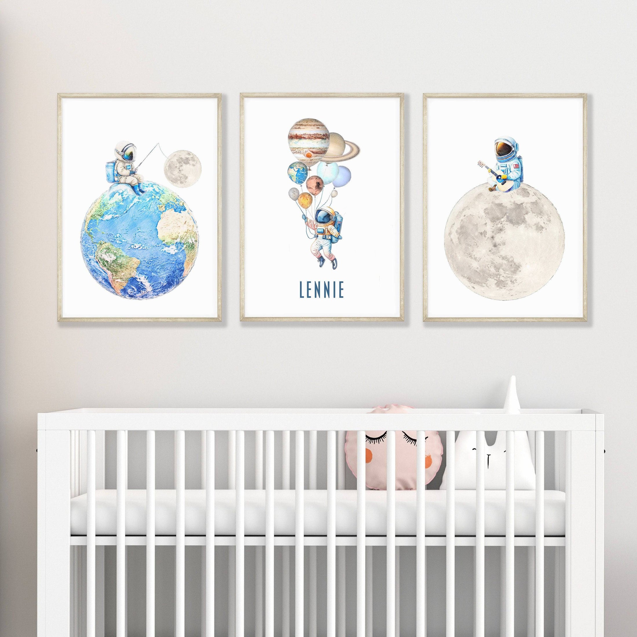 Personalised Space Nursery Prints | Set of 3 Solar System Wall Art for Boys' Bedroom - RoseRowanDesign