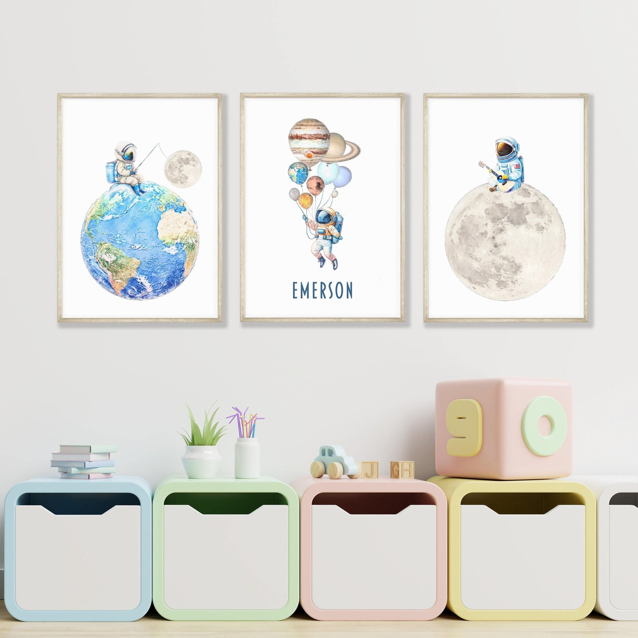 Personalised Space Nursery Prints | Set of 3 Solar System Wall Art for Boys' Bedroom - RoseRowanDesign