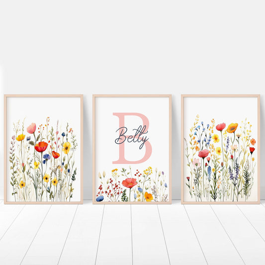 Personalised Wildflower Nursery Prints | Set of 3 | Botanical Floral Decor for Girls' Room - RoseRowanDesign