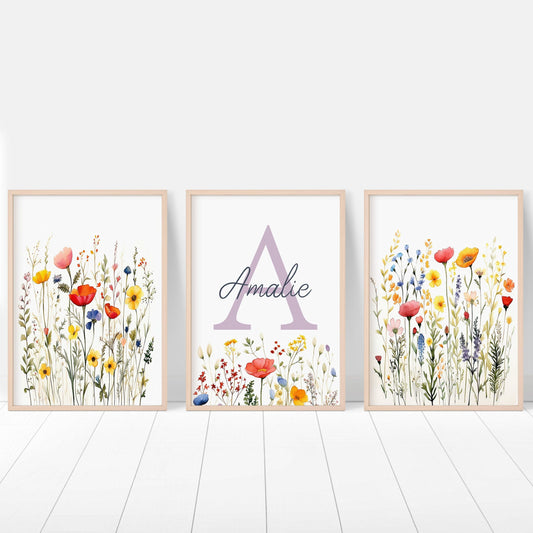 Personalised Wildflower Nursery Prints | Set of 3 | Botanical Floral Decor for Girls' Room - RoseRowanDesign