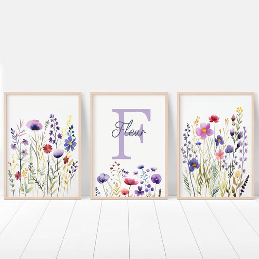 Personalised Wildflower Nursery Prints | Set of 3 | Custom Initials - RoseRowanDesign