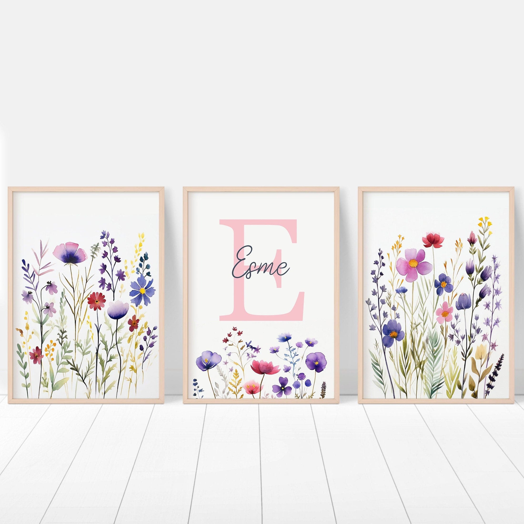 Personalised Wildflower Nursery Prints | Set of 3 | Custom Initials - RoseRowanDesign