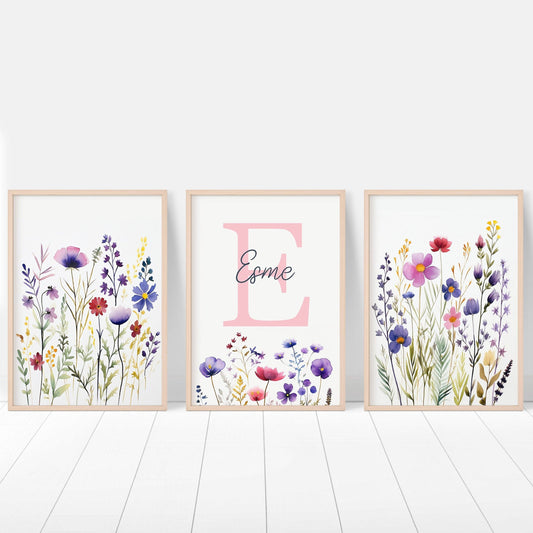 Personalised Wildflower Nursery Prints | Set of 3 | Custom Initials - RoseRowanDesign