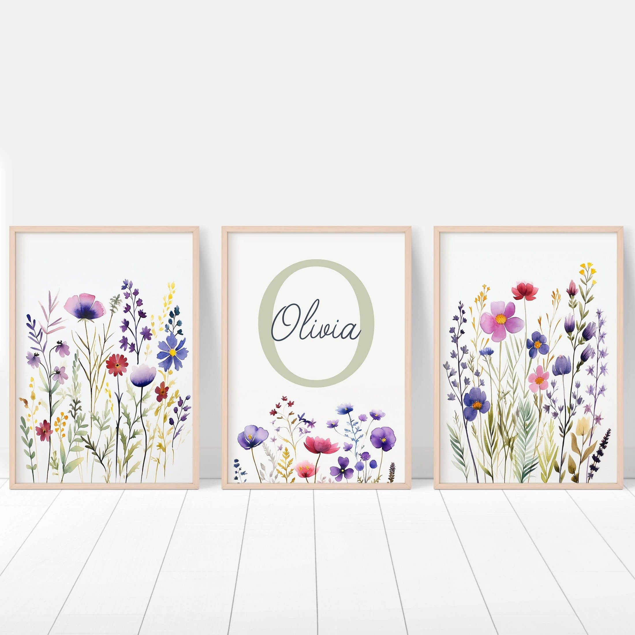 Personalised Wildflower Nursery Prints | Set of 3 | Custom Initials - RoseRowanDesign