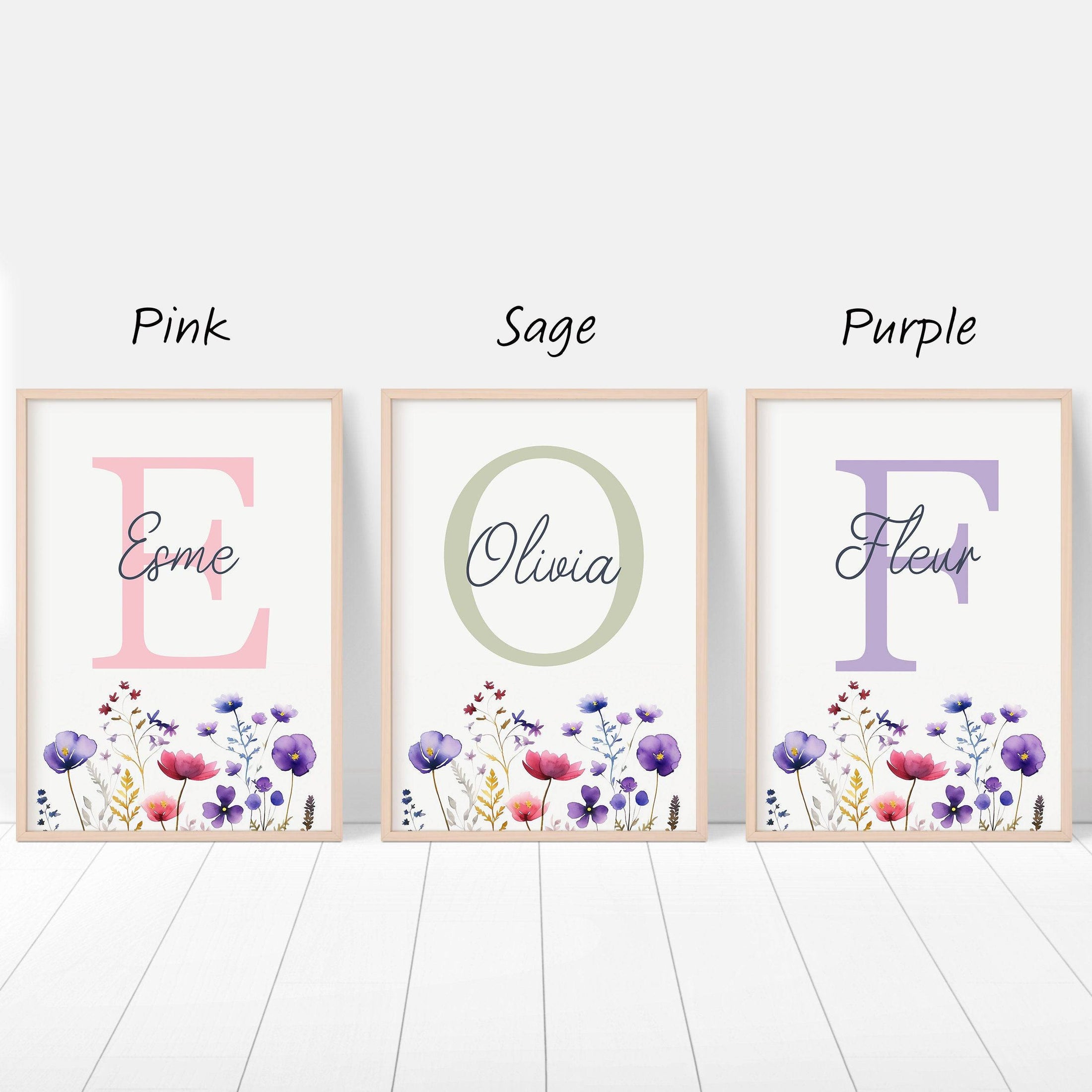 Personalised Wildflower Nursery Prints | Set of 3 | Custom Initials - RoseRowanDesign