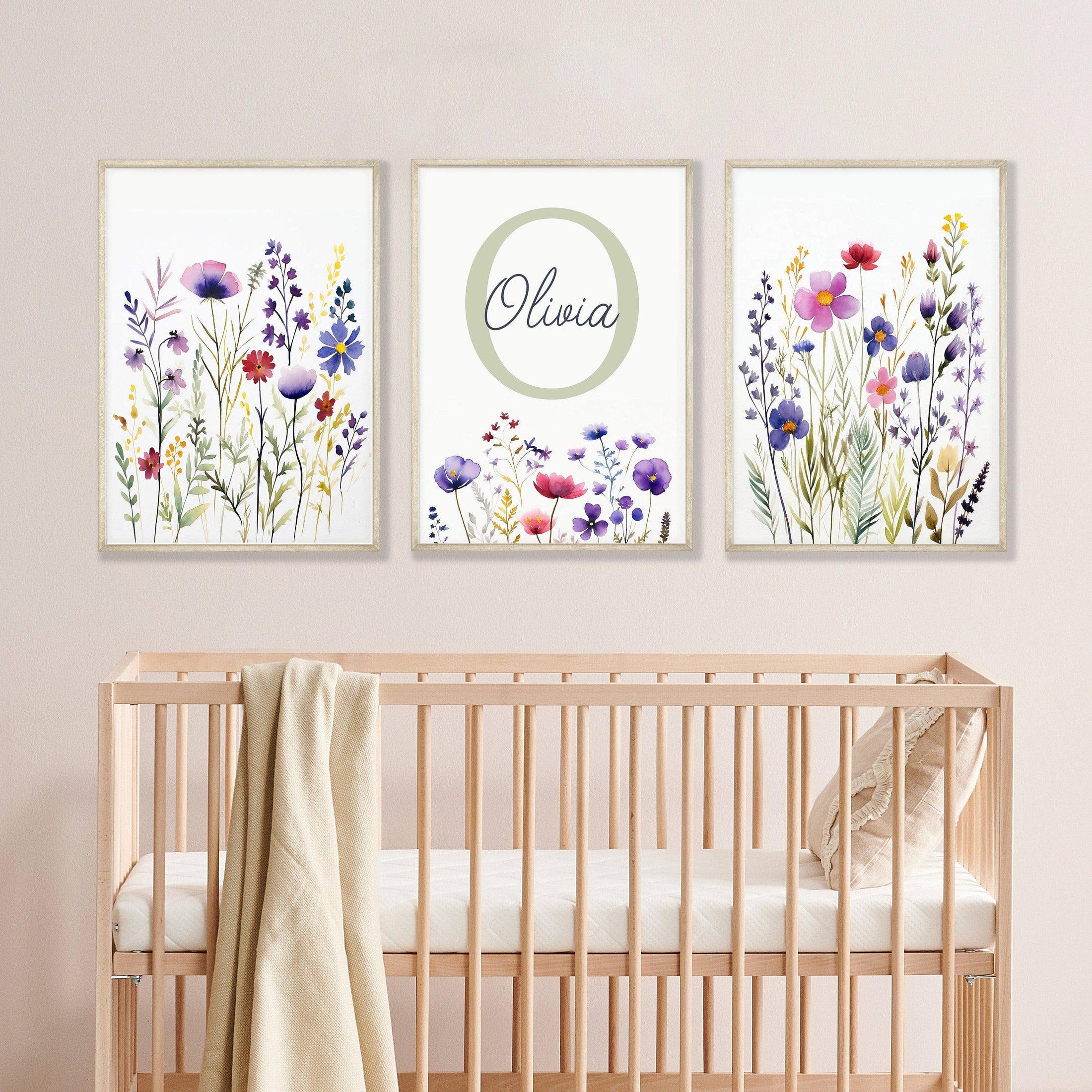 Personalised Wildflower Nursery Prints | Set of 3 | Custom Initials - RoseRowanDesign