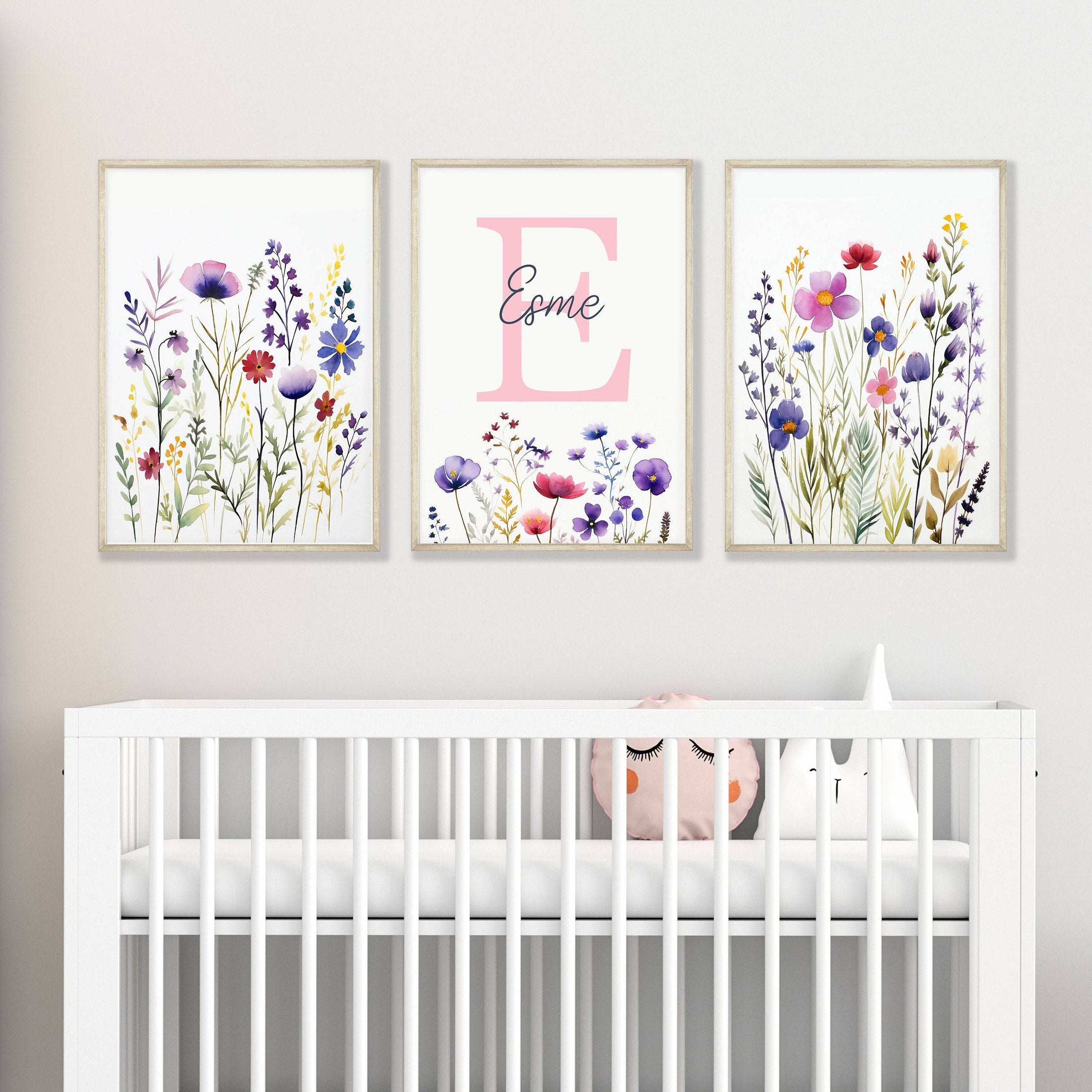 Personalised Wildflower Nursery Prints | Set of 3 | Custom Initials - RoseRowanDesign