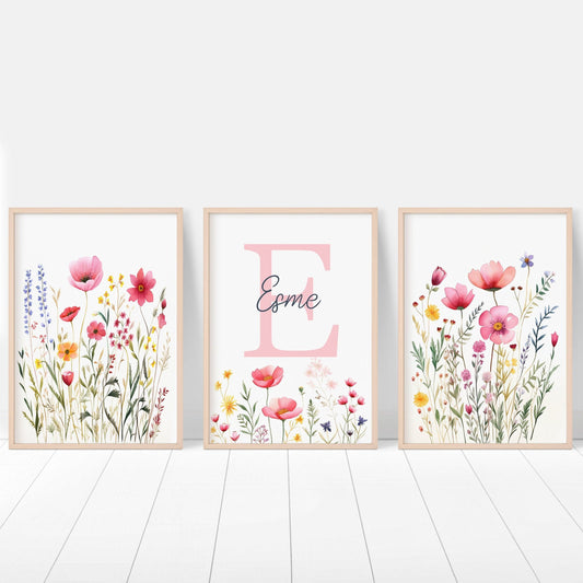 Personalised Wildflower Nursery Prints | Set of 3 | Pink Floral & Initial Decor for Girls Room - RoseRowanDesign