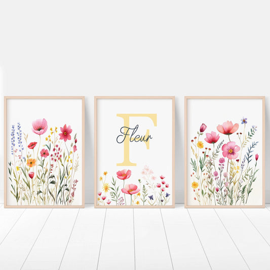 Personalised Wildflower Nursery Prints | Set of 3 | Pink Floral & Initial Decor for Girls Room - RoseRowanDesign