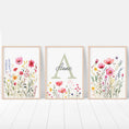 Load image into Gallery viewer, Personalised Wildflower Nursery Prints | Set of 3 | Pink Floral & Initial Decor for Girls Room - RoseRowanDesign
