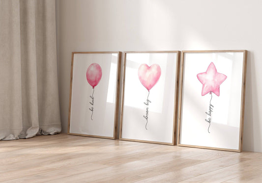 Pink Balloon Nursery Wall Art | Set of 3 | Baby Girls' Room and Toddler Playroom Decor - RoseRowanDesign