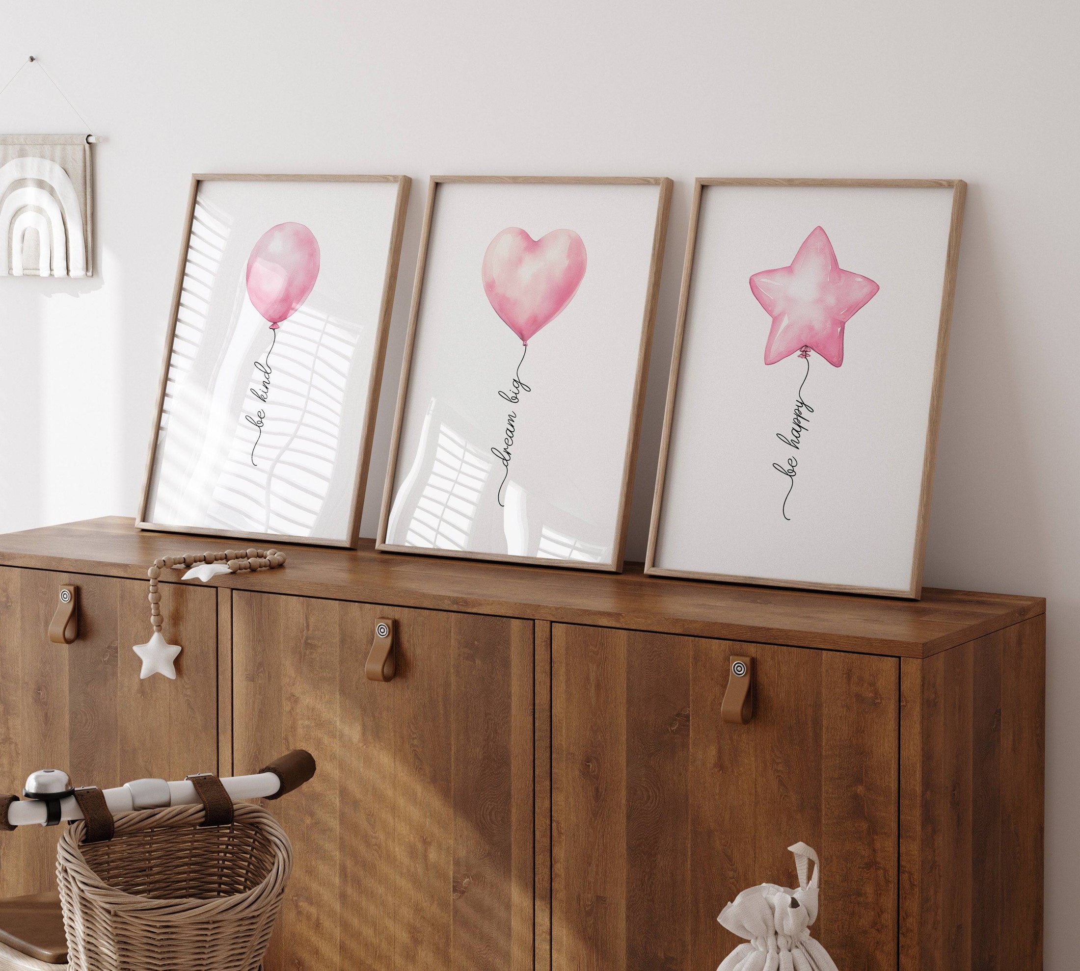 Pink Balloon Nursery Wall Art | Set of 3 | Baby Girls' Room and Toddler Playroom Decor - RoseRowanDesign