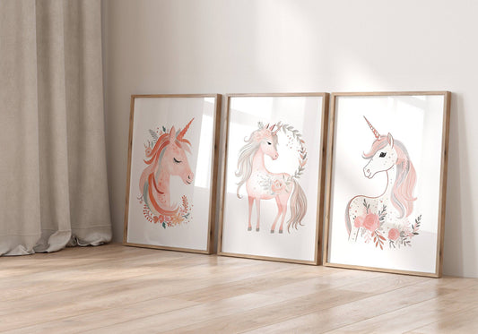Pink Boho Unicorn Nursery Wall Art | Set of 3 | Girls' Bedroom and Playroom Decor - RoseRowanDesign