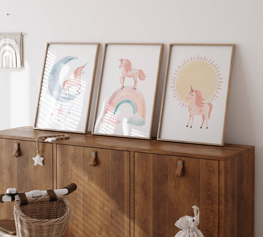 Pink Boho Unicorn Nursery Wall Art | Set of 3 | Rainbow, Sun, and Moon Prints for Girls' Bedroom - RoseRowanDesign