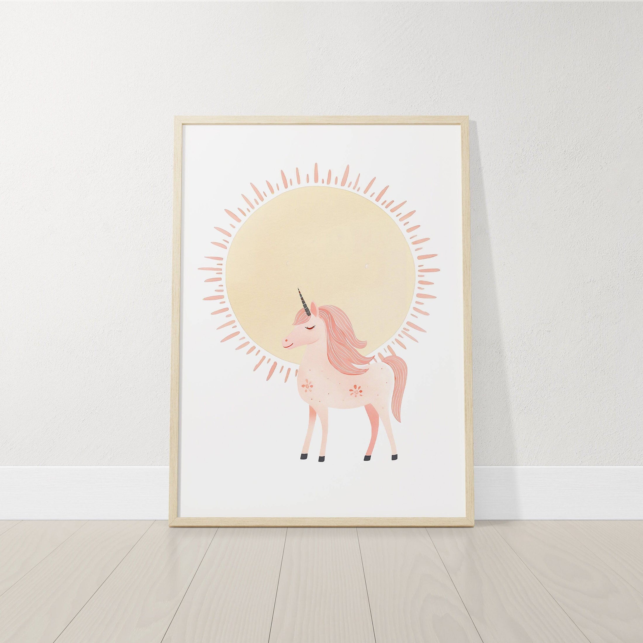 Pink Boho Unicorn Nursery Wall Art | Set of 3 | Rainbow, Sun, and Moon Prints for Girls' Bedroom - RoseRowanDesign