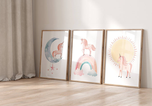 Pink Boho Unicorn Nursery Wall Art | Set of 3 | Rainbow, Sun, and Moon Prints for Girls' Bedroom - RoseRowanDesign