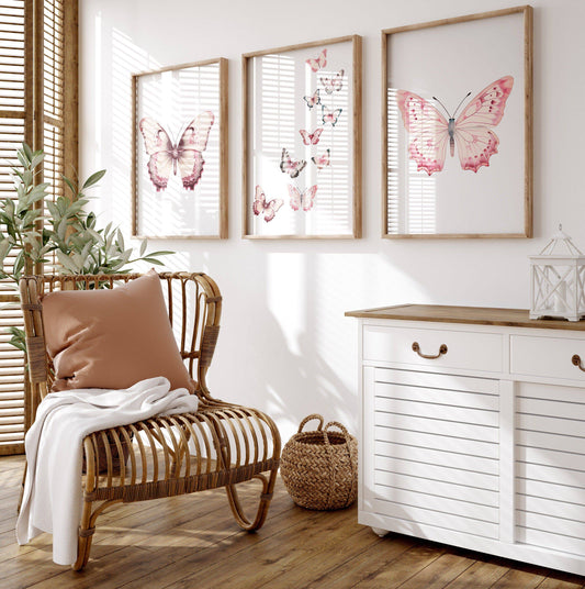 Pink Butterflies Nursery Wall Art | Set of 3 | Boho Decor for Baby Girls' Room - RoseRowanDesign