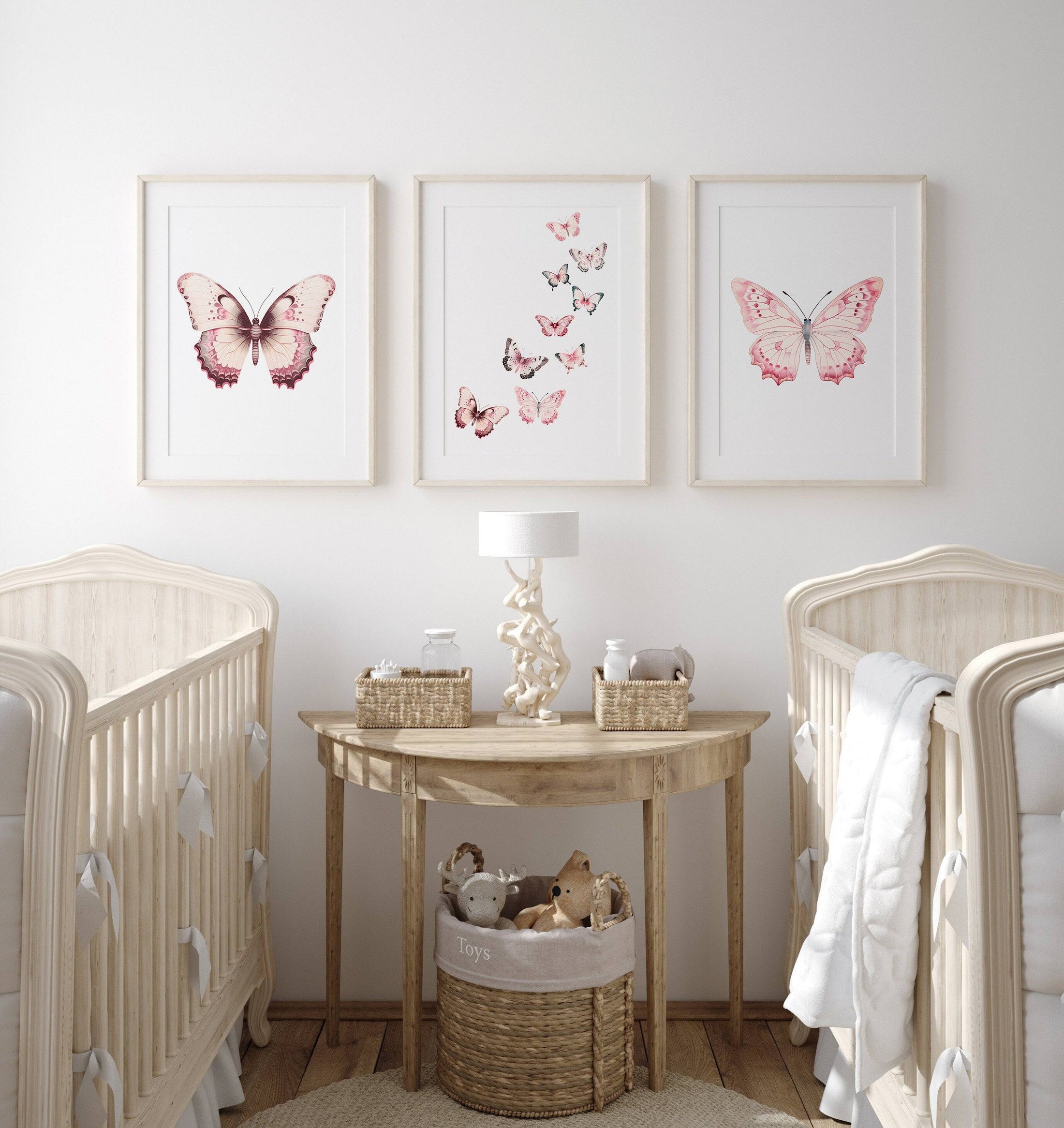 Pink Butterflies Nursery Wall Art | Set of 3 | Boho Decor for Baby Girls' Room - RoseRowanDesign