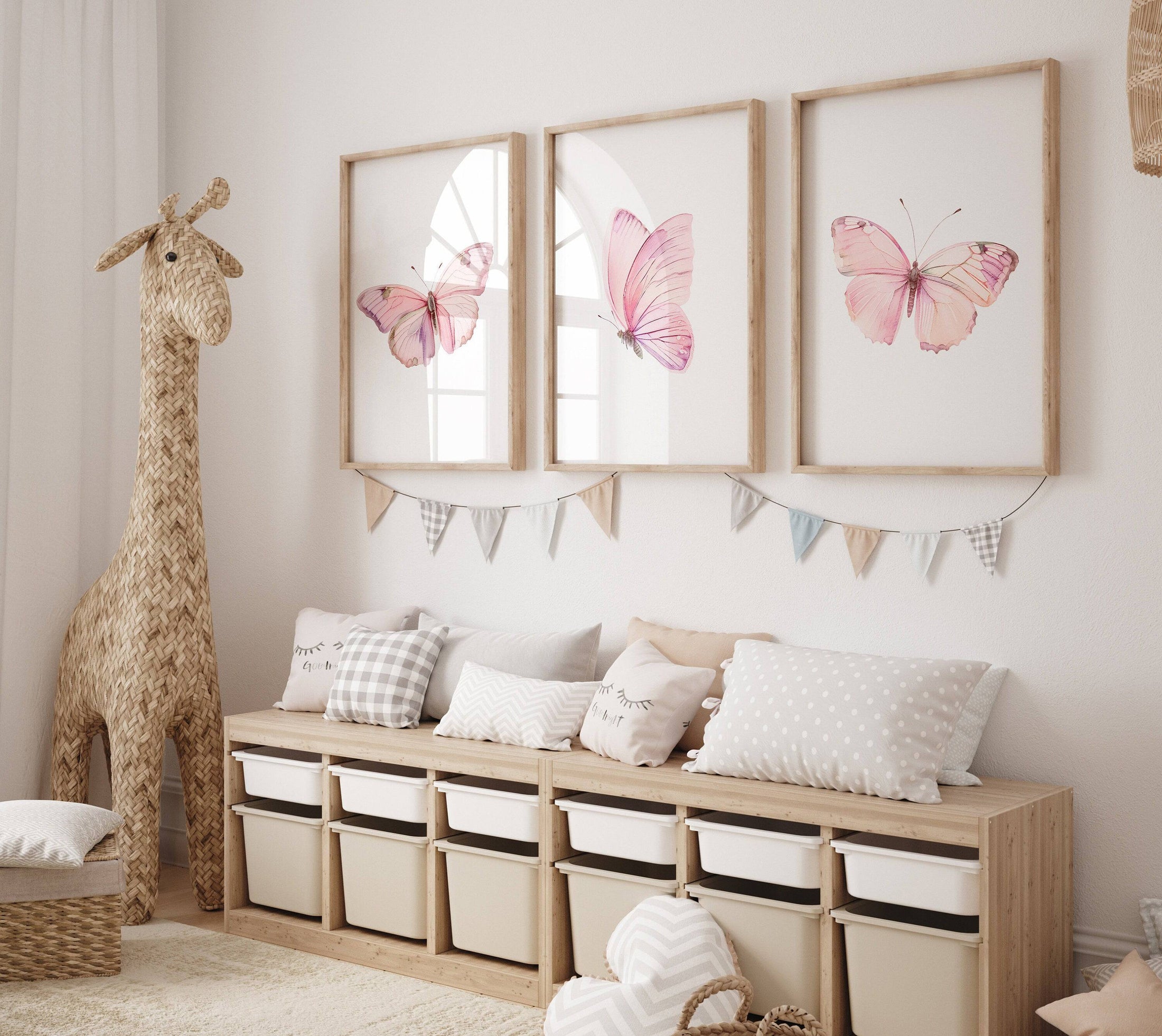 Pink Butterfly Nursery Wall Art | Set of 3 | Girly Bedroom Prints for Baby Girls' Room - RoseRowanDesign