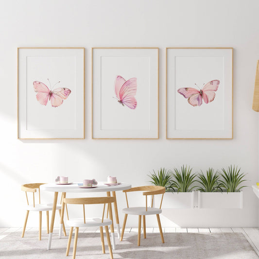 Pink Butterfly Nursery Wall Art | Set of 3 | Girly Bedroom Prints for Baby Girls' Room - RoseRowanDesign