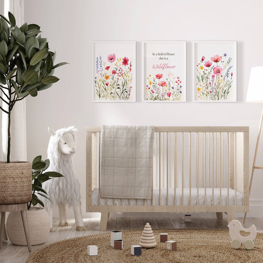 Pink Wildflower Nursery Prints | Set of 3 | Floral Decor for Baby Girls' Room - RoseRowanDesign