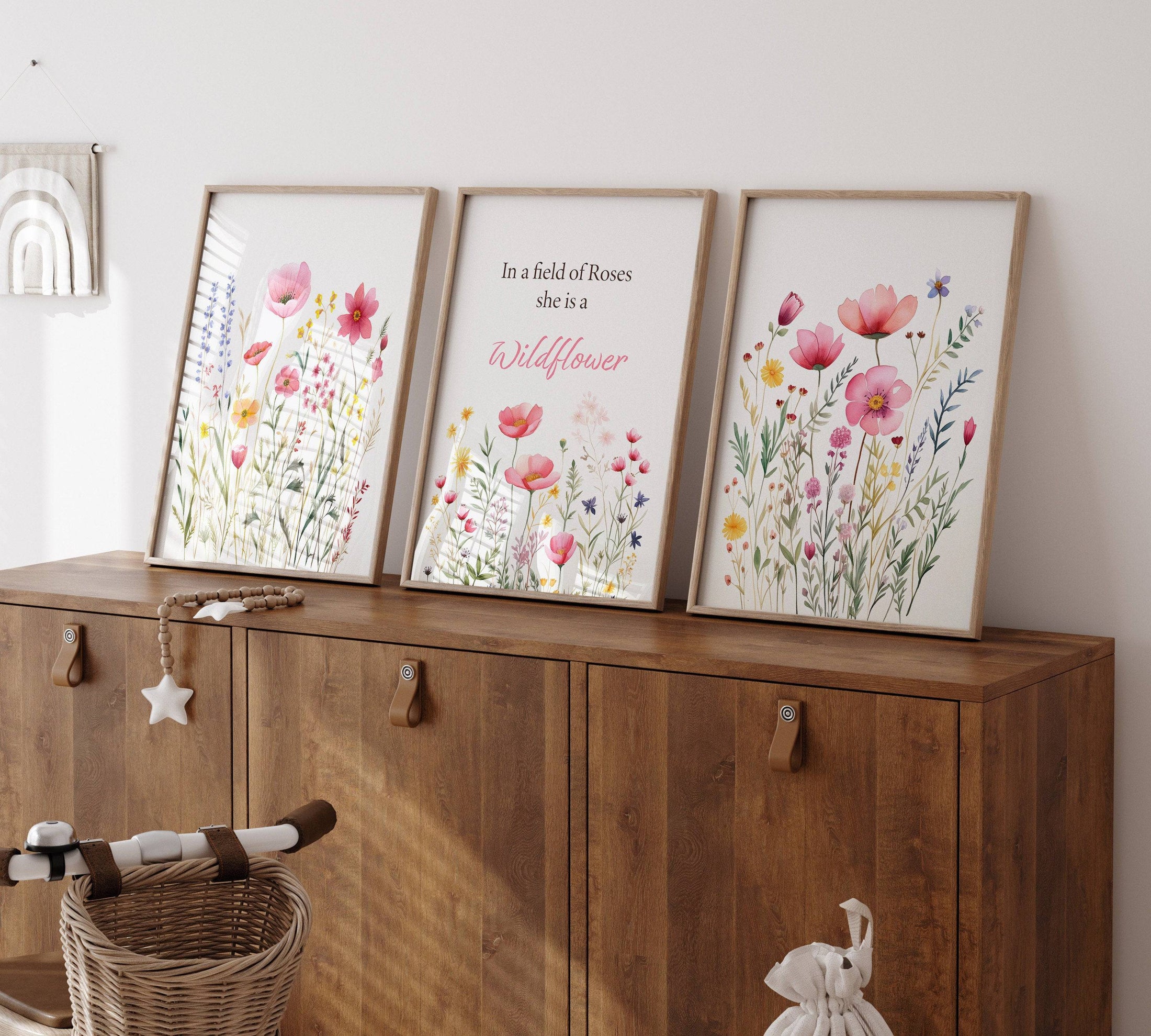 Pink Wildflower Nursery Prints | Set of 3 | Floral Decor for Baby Girls' Room - RoseRowanDesign