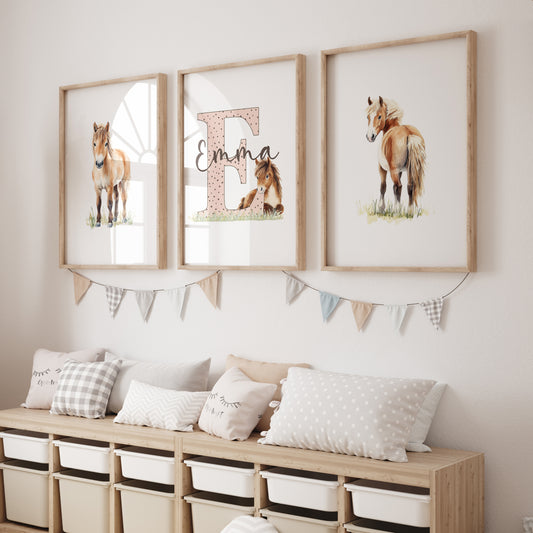 Pony Nursery Prints | Set of 3 | Personalised Ponies Wall Art for girls' Room - RoseRowanDesign