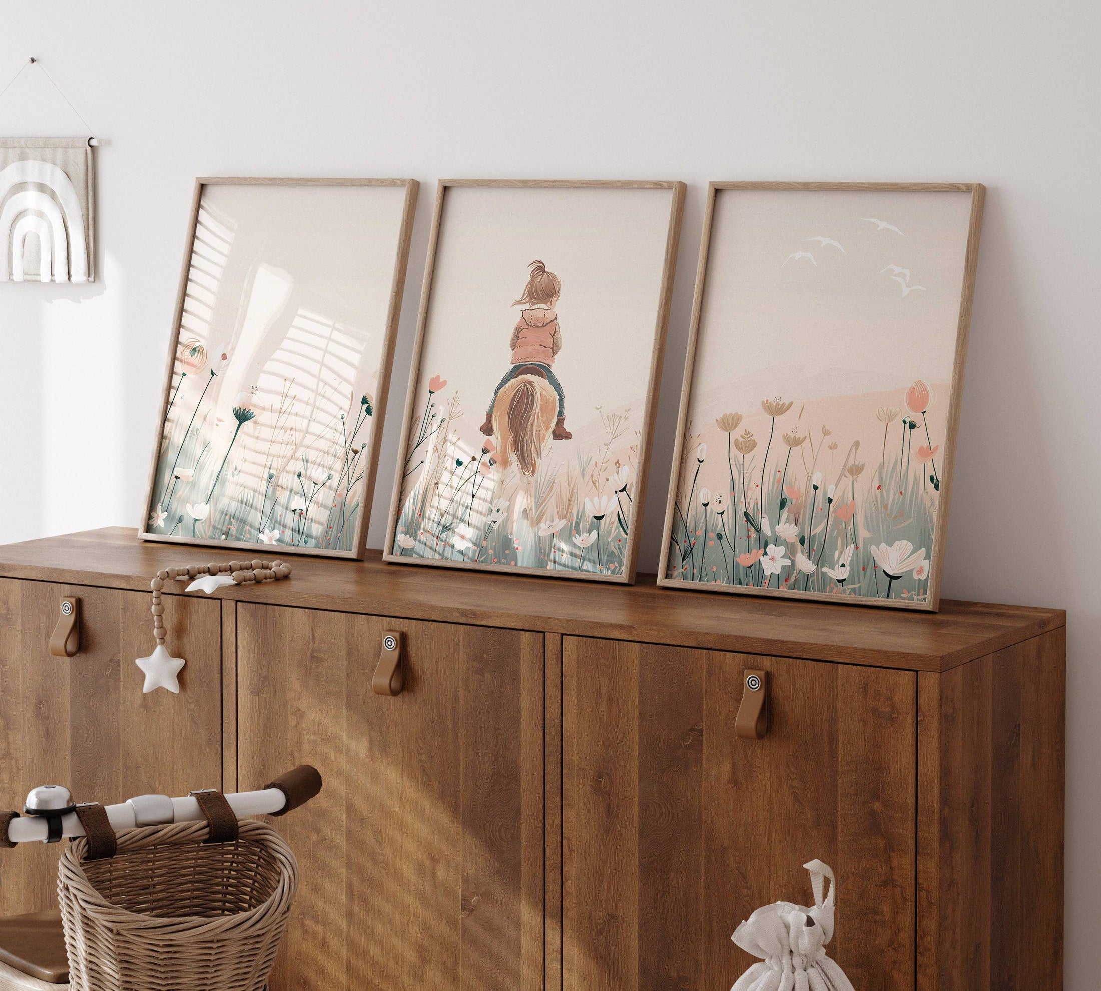Pony Nursery Wall Art | Set of 3 | Beige & Pink Boho Girls' Room Decor - RoseRowanDesign