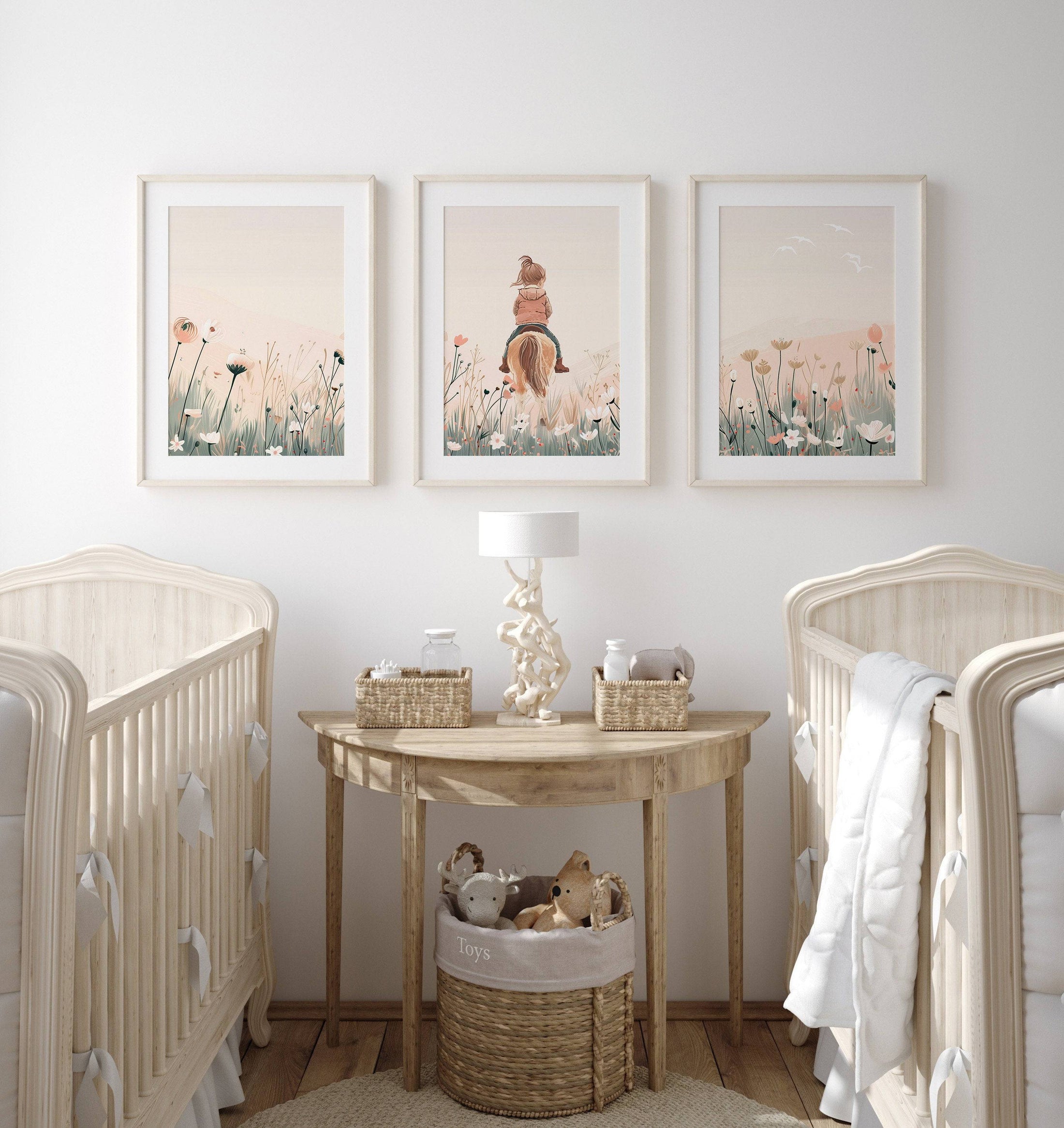 Pony Nursery Wall Art | Set of 3 | Beige & Pink Boho Girls' Room Decor - RoseRowanDesign