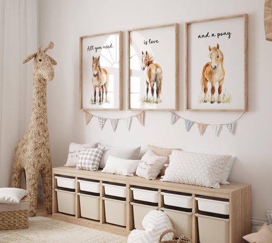 Pony Wall Art Prints | Set of 3 | Gender-Neutral Equine Decor for Kids' Bedroom - RoseRowanDesign