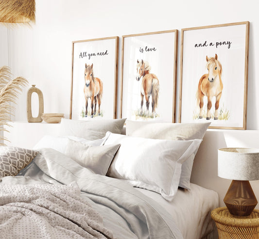 Pony Wall Art Prints | Set of 3 | Gender-Neutral Equine Decor for Kids' Bedroom - RoseRowanDesign