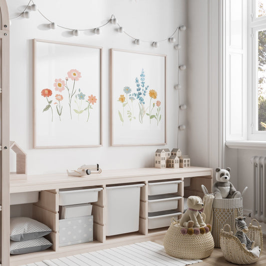 Flower Prints for Girls' Bedroom | Set of 2 | Wildflower Nursery Wall Art for Boho & Scandi Rooms - RoseRowanDesign